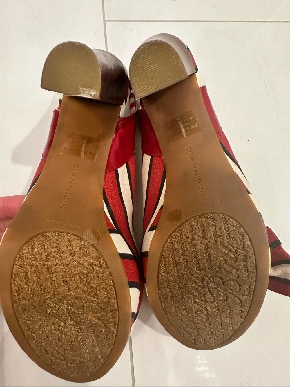 Gianni Bini Red and Cream Striped Peep-Toe Slingback Heels with Bow